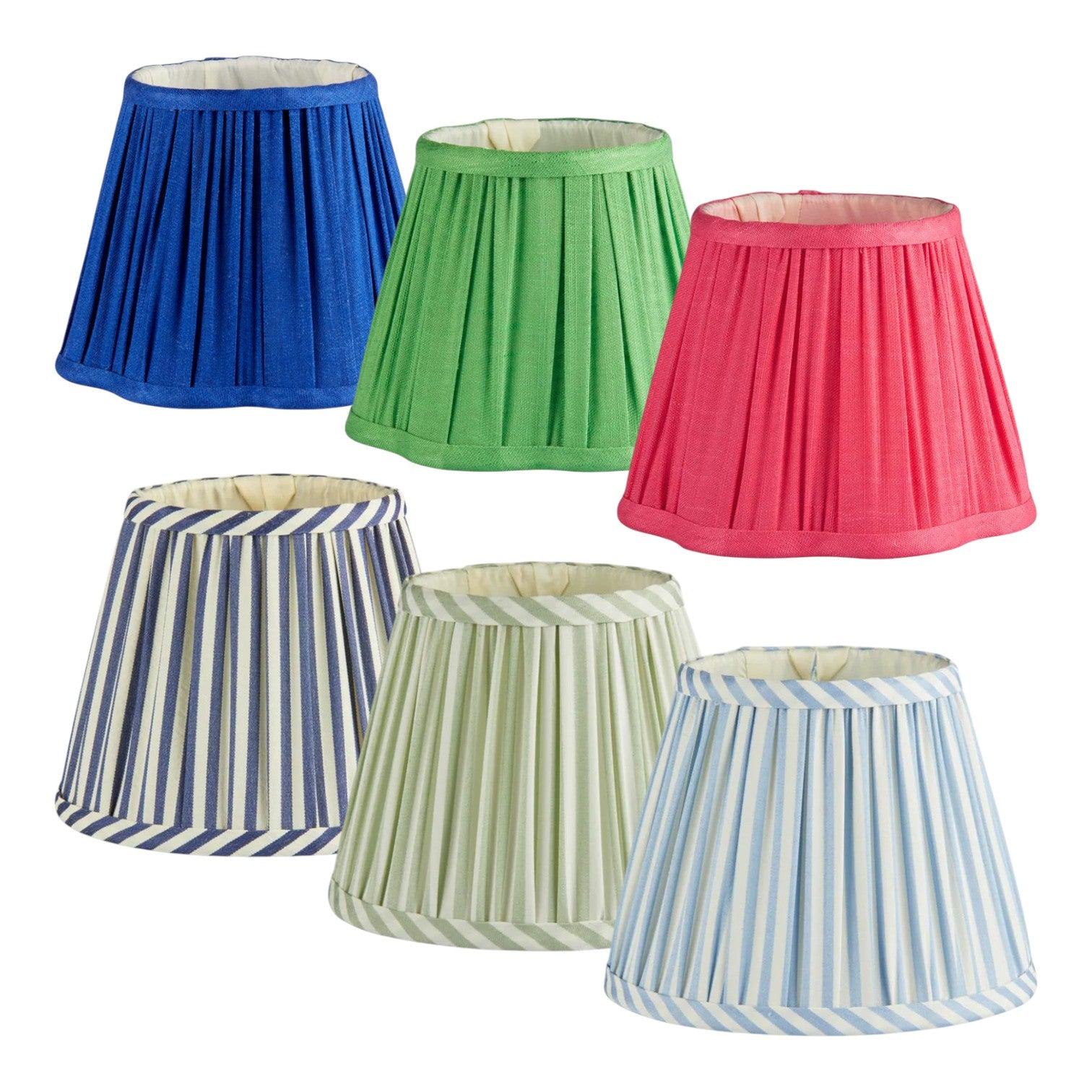 Six elegant Empire and Scalloped Lampshades by Addison Ross are shown—three in solid blue, green, and pink, and three in blue, green, and beige stripes—ideal with a rechargeable lamp base or E14 bulb holder.