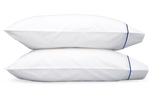 Two white pillows from the Matouk Essex Bedding Collection in Navy, each featuring a blue stripe near the edge, evoke classic European hotel style against a plain light background.