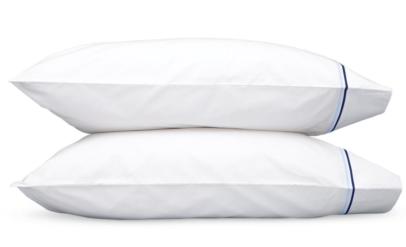 Two white pillows from the Matouk Essex Bedding Collection in Navy, each featuring a blue stripe near the edge, evoke classic European hotel style against a plain light background.