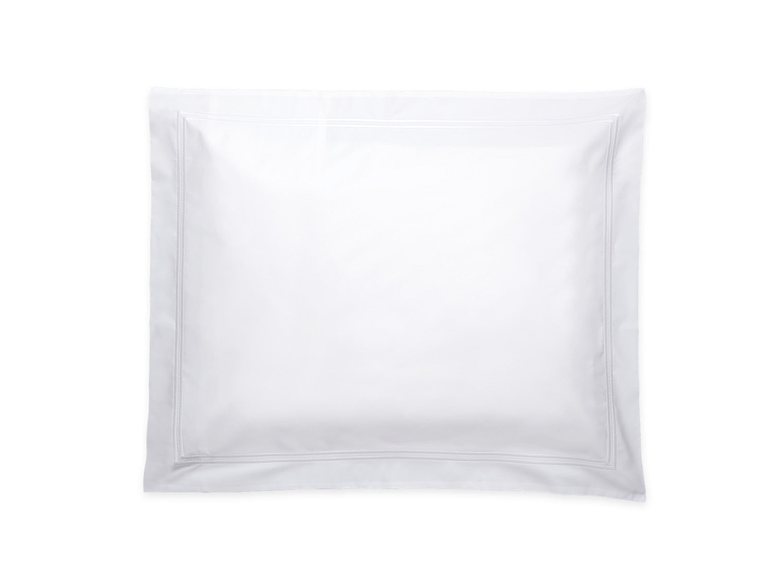 The Matouk Essex Bedding Collection showcases a white square pillow with a simple border and satin stitch embroidery, inspired by European hotel bedding, pictured against a plain white backdrop.