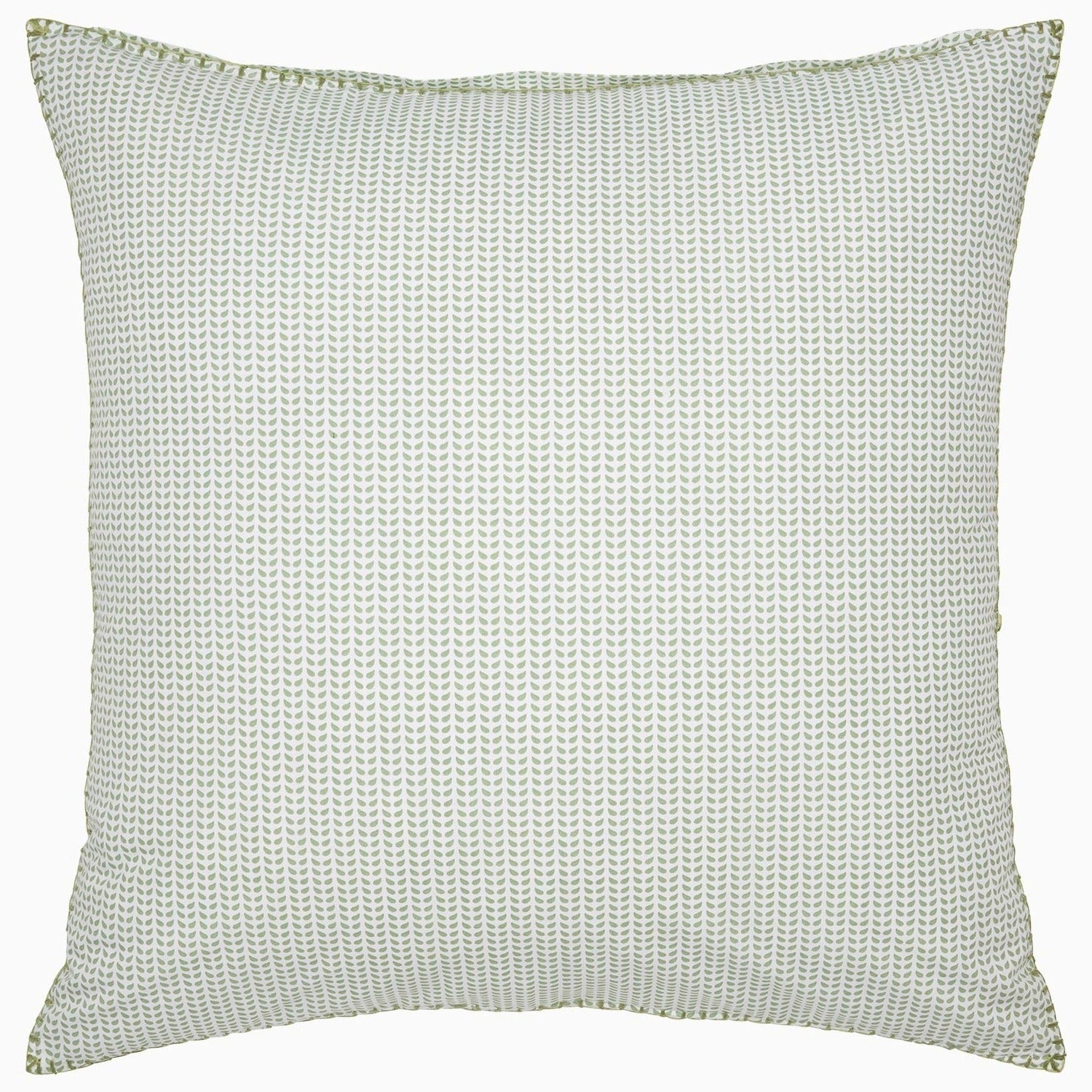 Square decorative pillow from the Cinde Bedding Collection by John Robshaw, featuring a white background and subtle green geometric pattern inspired by the signature Cinde print, shown against a plain white backdrop.