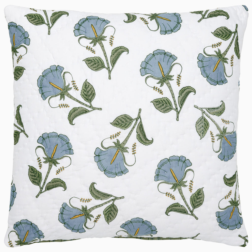 The Farah Light Indigo Bedding Collection pillow by John Robshaw is a white, square pillow made from soft cotton voile, featuring evenly distributed indigo floral and green leaf patterns.