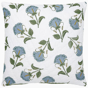 The Farah Light Indigo Bedding Collection pillow by John Robshaw is a white, square pillow made from soft cotton voile, featuring evenly distributed indigo floral and green leaf patterns.
