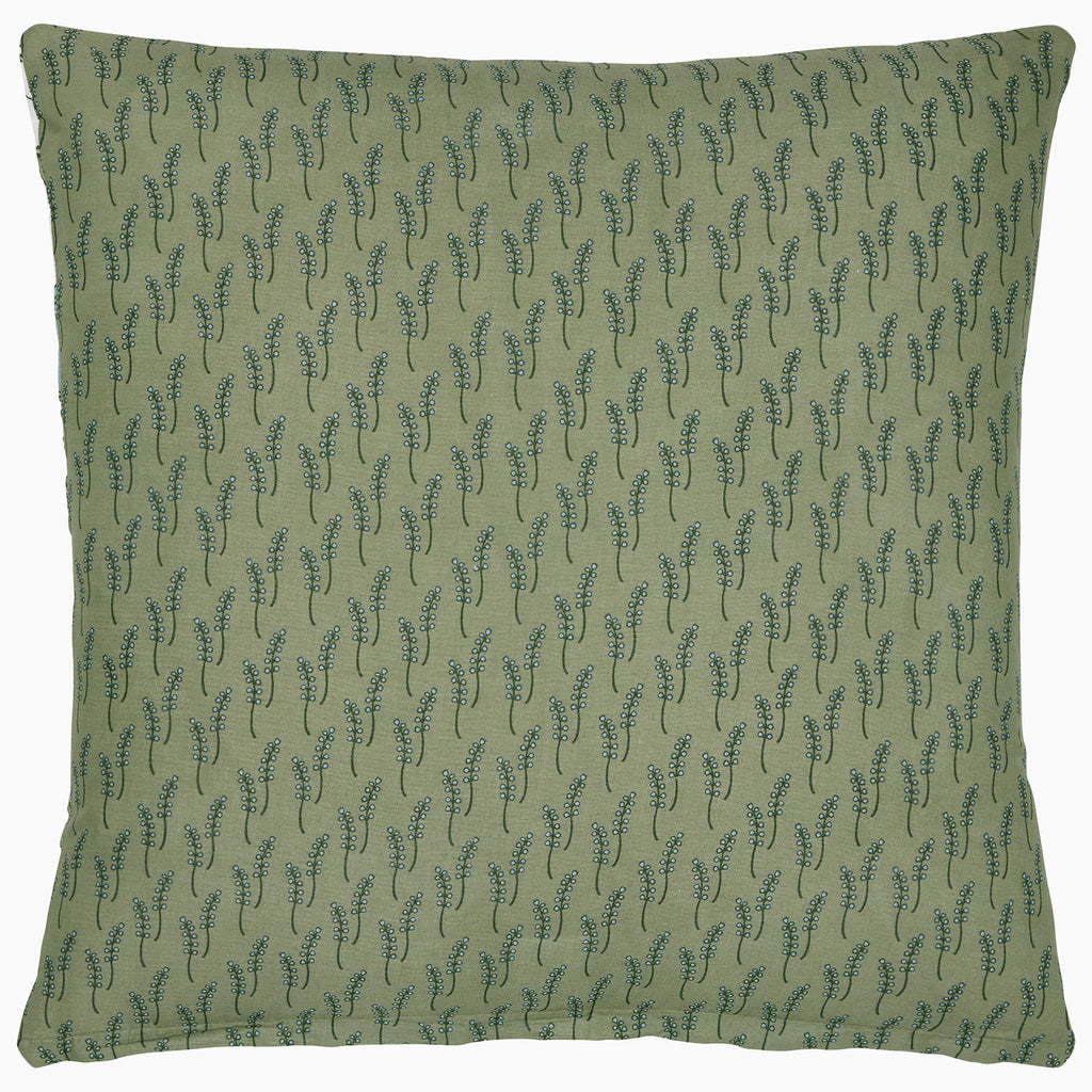 The Farah Light Indigo Bedding Collection by John Robshaw includes a square green pillow crafted from soft cotton voile with a repeating dark green fern-like leaf pattern.