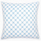 Front view of the John Robshaw Layla Bedding Collection square white pillow, featuring a blue geometric diamond and oval pattern inspired by Mughal gardens and expertly crafted from soft cotton voile, set against a white background.