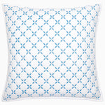 Front view of the John Robshaw Layla Bedding Collection square white pillow, featuring a blue geometric diamond and oval pattern inspired by Mughal gardens and expertly crafted from soft cotton voile, set against a white background.