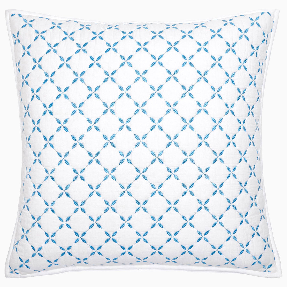 Front view of the John Robshaw Layla Bedding Collection square white pillow, featuring a blue geometric diamond and oval pattern inspired by Mughal gardens and expertly crafted from soft cotton voile, set against a white background.
