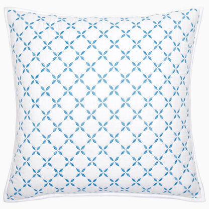 Front view of the John Robshaw Layla Bedding Collection square white pillow, featuring a blue geometric diamond and oval pattern inspired by Mughal gardens and expertly crafted from soft cotton voile, set against a white background.