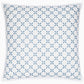 Introducing the Layla Bedding Collection by John Robshaw: a square white pillow adorned with a blue geometric pattern of interlinked circles and leaf motifs, finished with a sleek white border. Crafted from soft cotton voile, this elegant accent brings the enduring charm of Mughal garden quilts to your bedding ensemble.