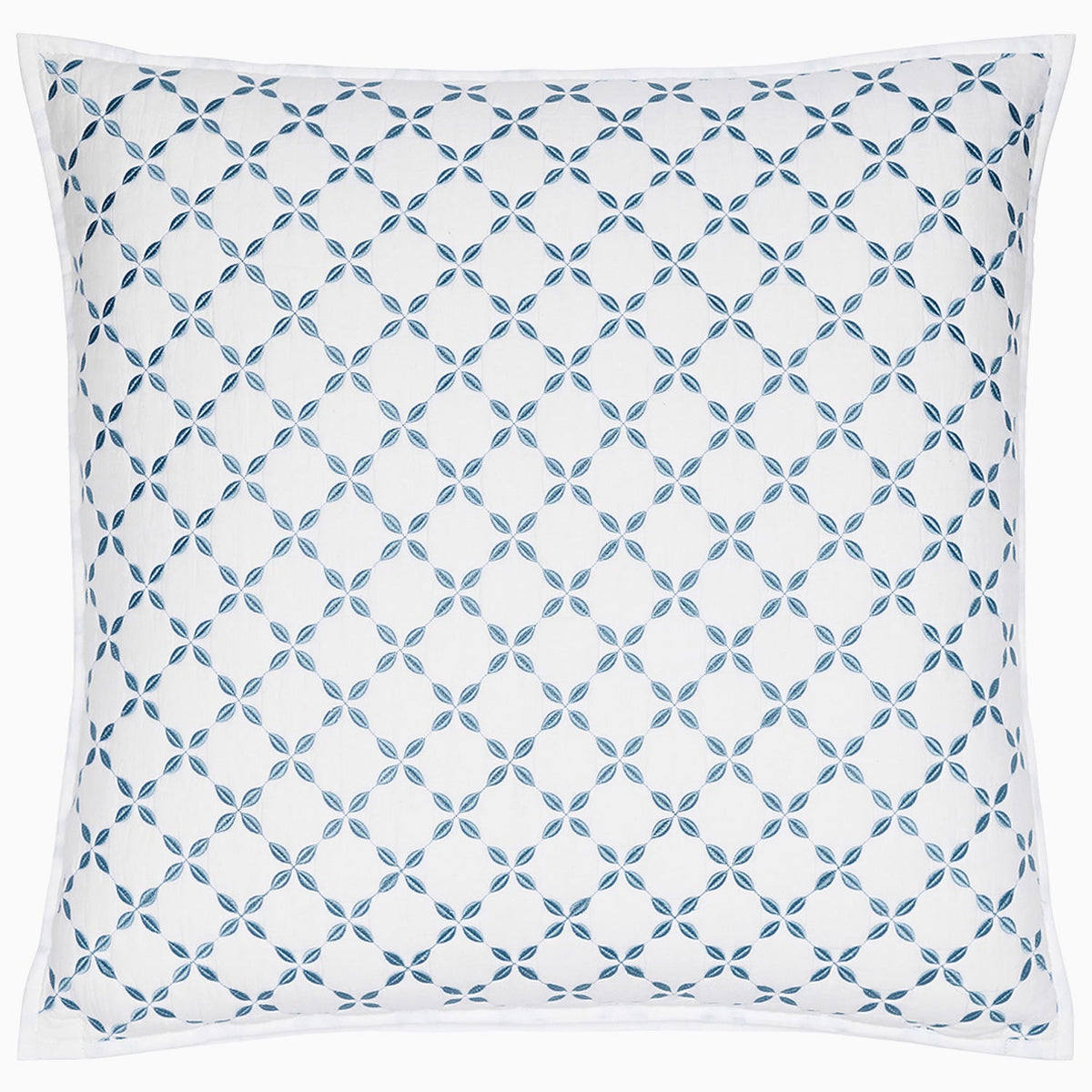 Introducing the Layla Bedding Collection by John Robshaw: a square white pillow adorned with a blue geometric pattern of interlinked circles and leaf motifs, finished with a sleek white border. Crafted from soft cotton voile, this elegant accent brings the enduring charm of Mughal garden quilts to your bedding ensemble.