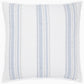 The Rimi Light Indigo Bedding by John Robshaw is a square white pillow crafted from organic cotton, featuring indigo and gray vertical stitched patterns with a hand-quilted finish.