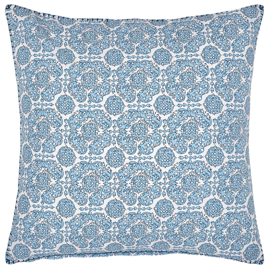 The Sahil Indigo Bedding Collection by John Robshaw features a square pillow with a blue and white floral and geometric pattern, reminiscent of Mughal garden bedding, displayed on a plain white background.