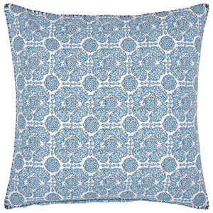 The Sahil Indigo Bedding Collection by John Robshaw features a square pillow with a blue and white floral and geometric pattern, reminiscent of Mughal garden bedding, displayed on a plain white background.