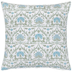 The Vidya Leaf Bedding Collection by John Robshaw features a square decorative pillow in white, accented with blue and sage tones in a repeating regal bloom pattern inspired by a tranquil garden.