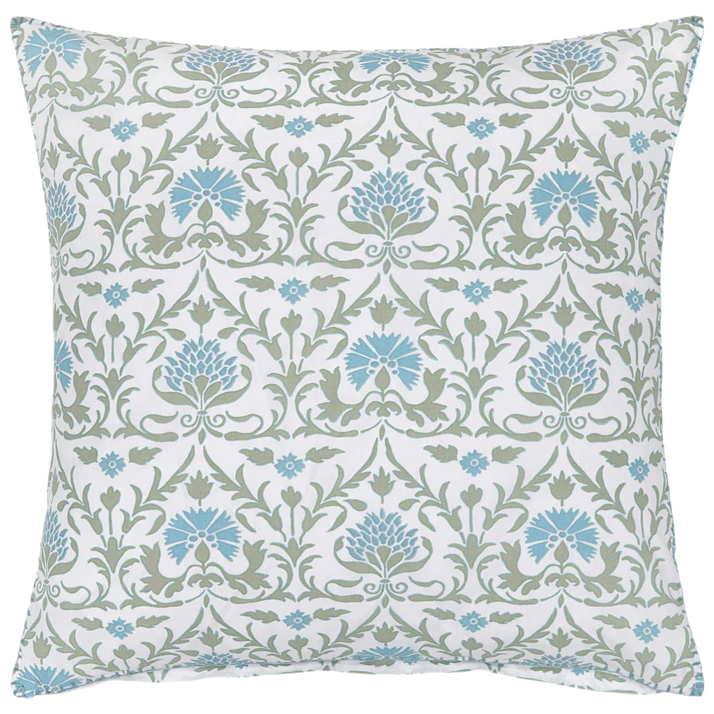 The Vidya Leaf Bedding Collection by John Robshaw features a square decorative pillow in white, accented with blue and sage tones in a repeating regal bloom pattern inspired by a tranquil garden.