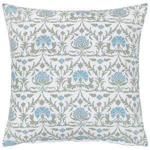 The Vidya Leaf Bedding Collection by John Robshaw features a square decorative pillow in white, accented with blue and sage tones in a repeating regal bloom pattern inspired by a tranquil garden.
