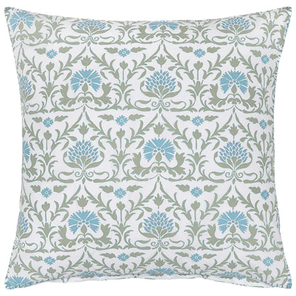 The Vidya Leaf Bedding Collection by John Robshaw features a square decorative pillow in white, accented with blue and sage tones in a repeating regal bloom pattern inspired by a tranquil garden.