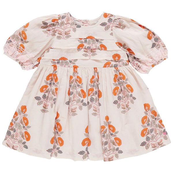 The Pink Chicken Girls' Evelyn Dress features a cloud bouquet floral pattern with vintage charm, complete with puffed sleeves and a gathered waist. This white and pink dress is beautifully adorned with delightful orange and pink flower designs.