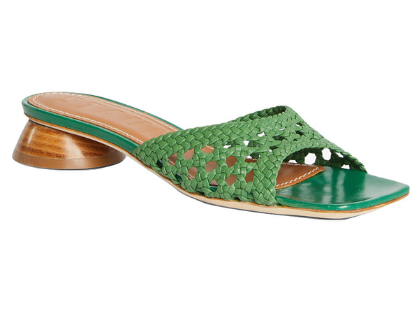 Staud Simone Crochet Heel slide sandal with a wood-covered block heel.