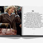 A woman in a brown coat carries a large brown Hermès, one of the ultimate investment handbags, as seen in Assouline’s "Fashionphile: The Book of Iconic Bags," displayed open with text and a quote on luxury and controversy.