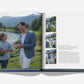 An open Assouline "Father and Child" book shows a father and child with a football by a lake, mountains behind; the right page, inspired by Claiborne Swanson Frank, features smaller photos and text on modern fatherhood.