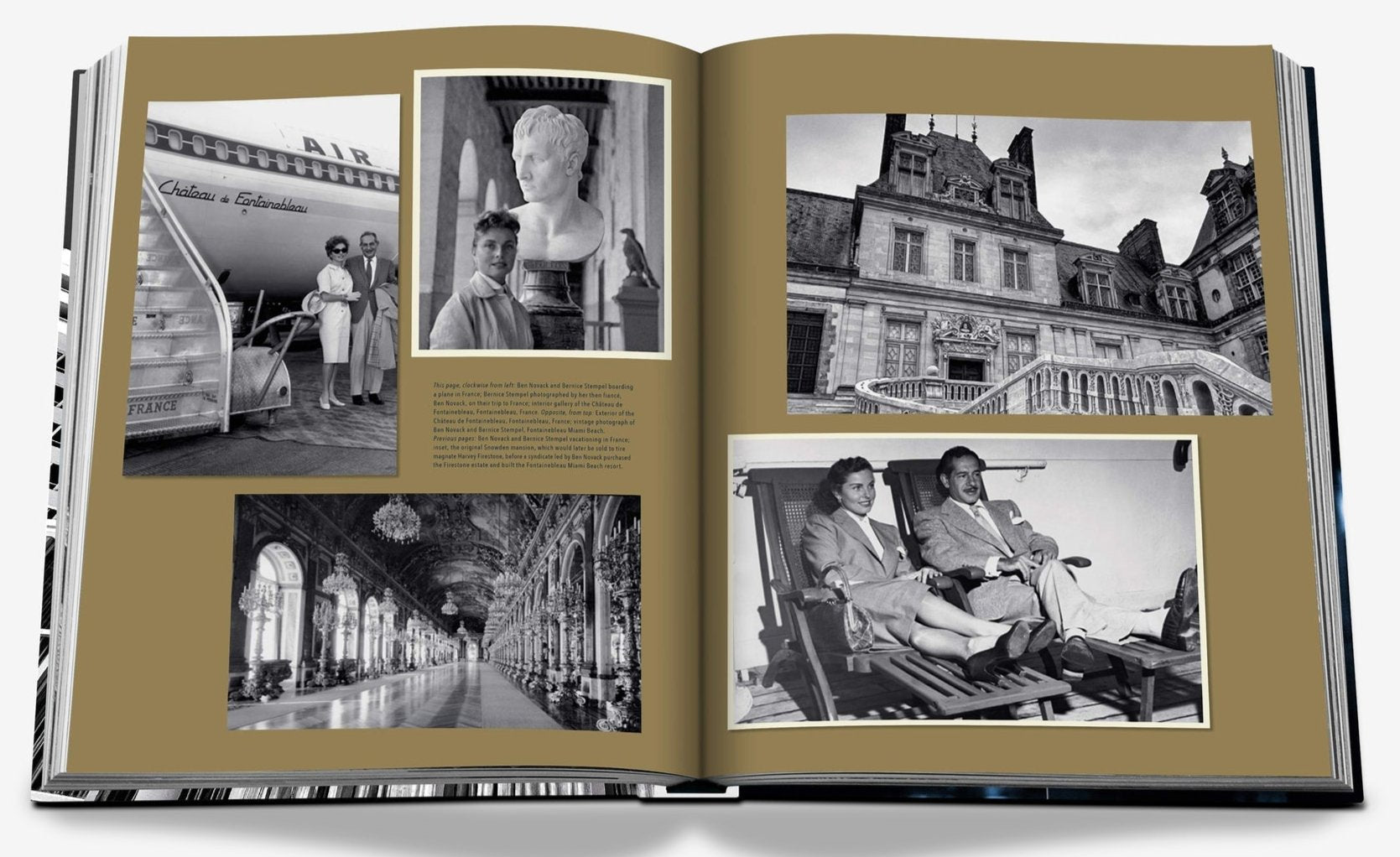 An open Assouline "Fontainebleau" book showcases black and white photos: individuals by a plane, a bust with arches, a historic building, luxurious ornate hallways echoing the Fontainebleau hotel's grandeur, and two people relaxing on deck chairs.
