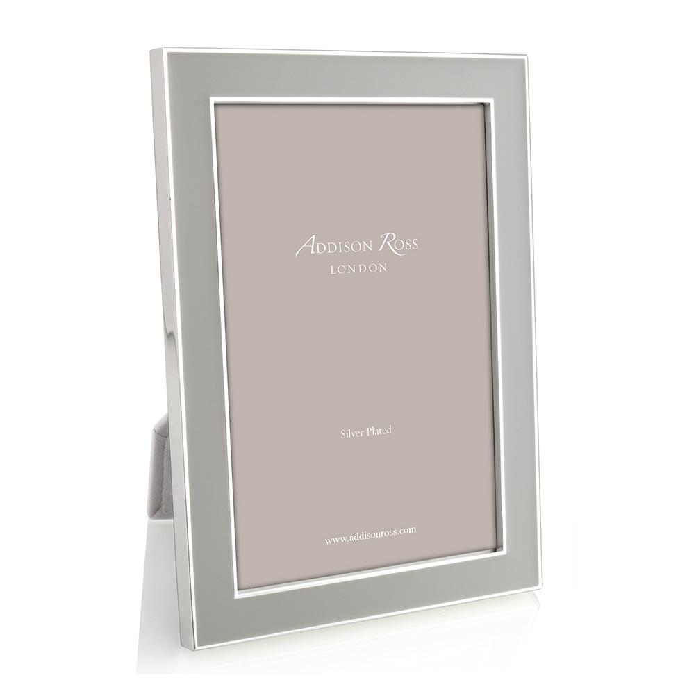The Enamel and Silver Frame Collection by Addison Ross features a silver-plated enamel frame with a plain insert, upright display, and a versatile two-way easel for flexible positioning.