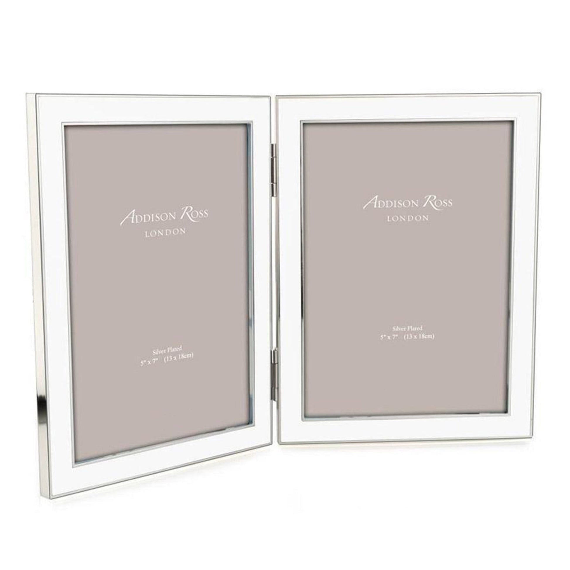 From the Enamel and Silver Frame Collection by Addison Ross, this elegant double photo frame fits two 5 x 7 inch (13 x 18 cm) photos and includes a flexible two-way easel on a white background.