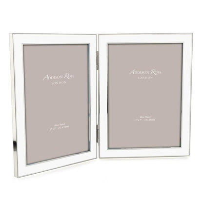 The Addison Ross Enamel and Silver Frame from the Addison Ross collection features a neutral background, silver trim, dimensions of 5" x 7" (13 x 18cm), and "Addison Ross London" placeholder text.