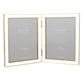 An Addison Ross Gold Trim Enamel Frame Collection double-hinged picture frame features a white and gold enamel border. Both elegant sides display placeholder text and are currently empty.