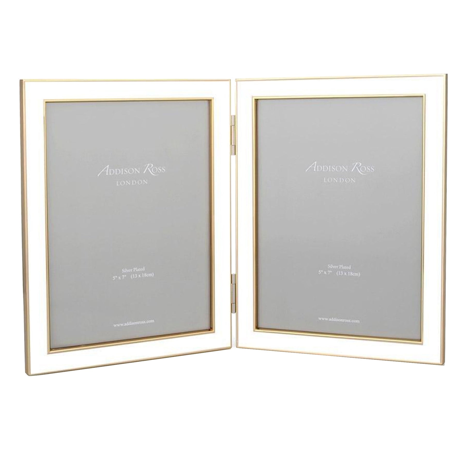 An Addison Ross Gold Trim Enamel Frame Collection double-hinged picture frame features a white and gold enamel border. Both elegant sides display placeholder text and are currently empty.