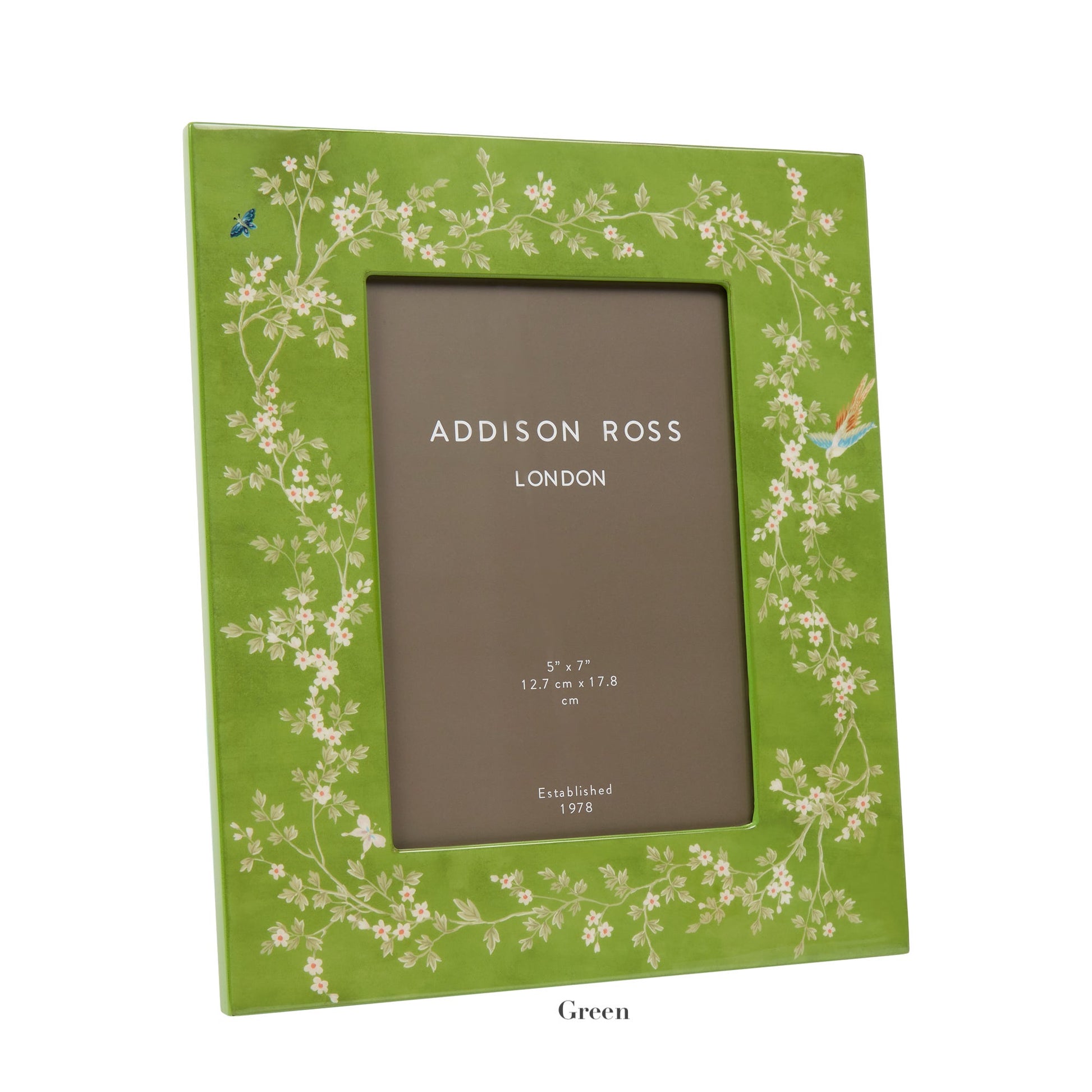 The Addison Ross Chinoiserie Frame Collection features a green frame with a blossom design and high-gloss lacquer for elegance. It has an interior label, "Addison Ross London," and measures 5'' x 7''.
