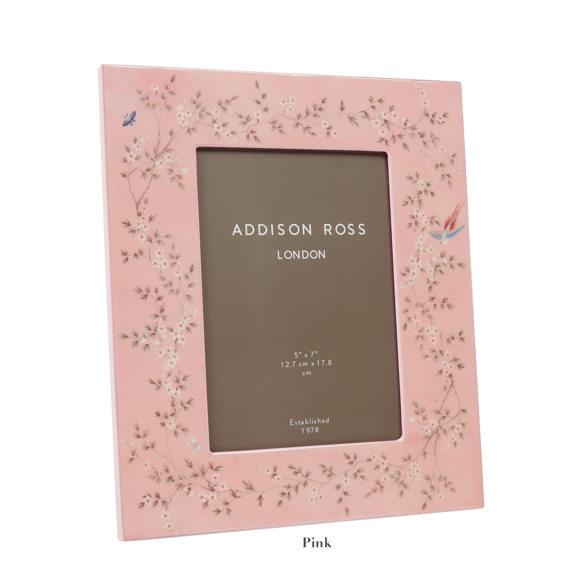 Addison Ross Chinoiserie Frame Collection features a pink floral design with high glass lacquer, a 5" x 7" placeholder, and "London" and "Established 1978" details, elegantly complementing the gray background.