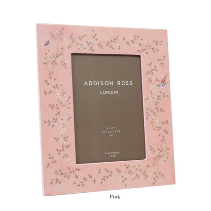 Addison Ross Chinoiserie Frame Collection features a pink floral design with high glass lacquer, a 5" x 7" placeholder, and "London" and "Established 1978" details, elegantly complementing the gray background.