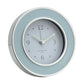 The Addison Ross Round Alarm Clock features a silver enamel frame, light blue border, and white face showing 10:10—ideal for adding elegance to your bedside table.