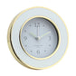 The Addison Ross Round Alarm Clock features a white face with gray numbers set at 10:09, gold trim, and luxury grey velvet accents, blending elegance and timeless style.