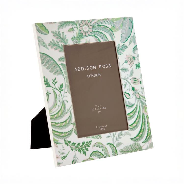 The Addison Ross Palm Beach Frame Collection features a green and white floral lacquered photo frame with a high-gloss finish, black velvet backstand, and a placeholder insert—combining elegance and upright display.