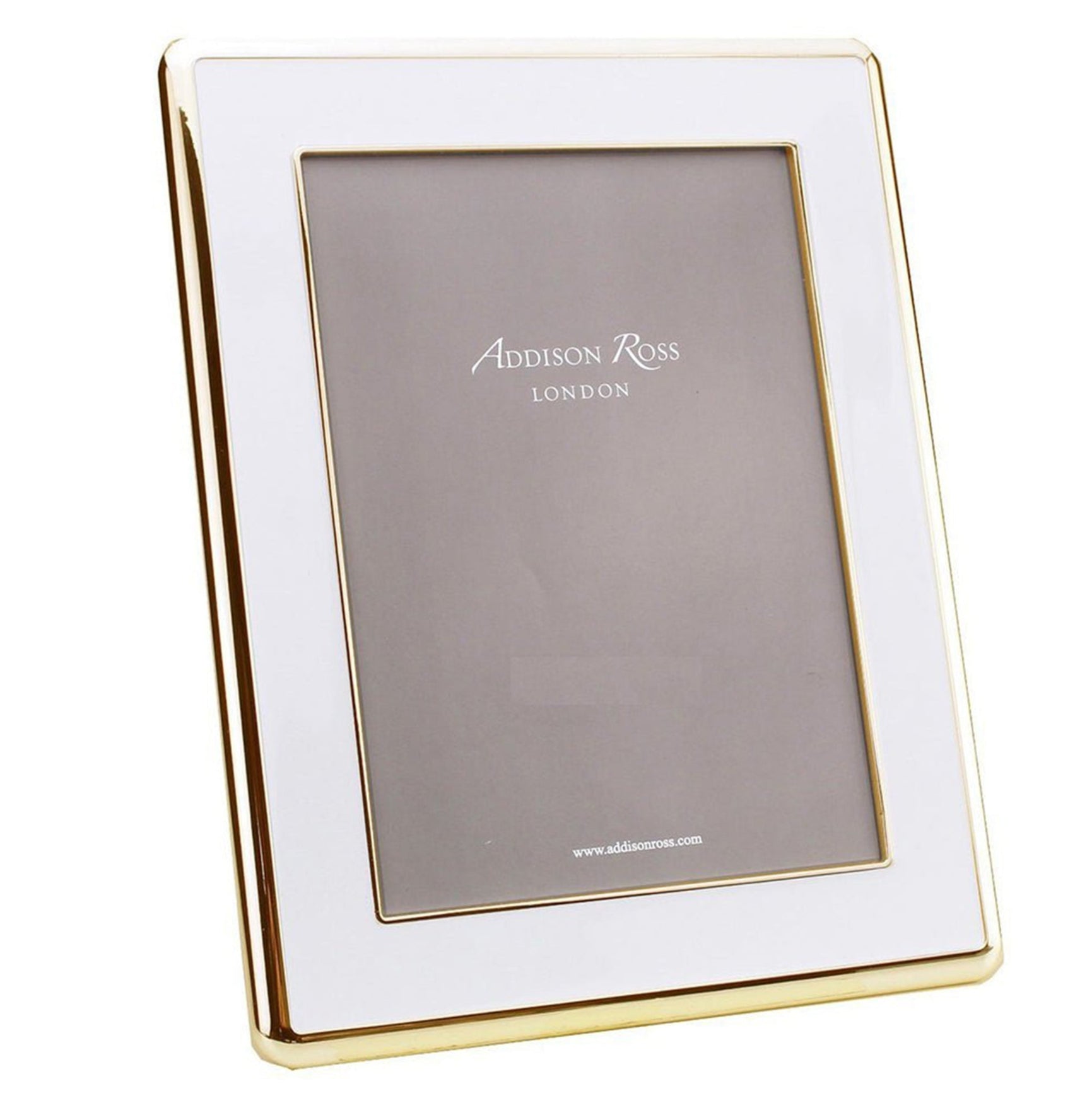 The Wide Curved Enamel Frame from Addison Ross is a rectangular white photo frame with a gold edge, a soft velvet backing, and a white mat, shown standing upright against a plain background.