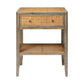 The Amara Nightstand Collection by Made Goods features a wooden frame, woven rattan drawer front, caned panels, and a lower shelf in natural and gray finishes.
