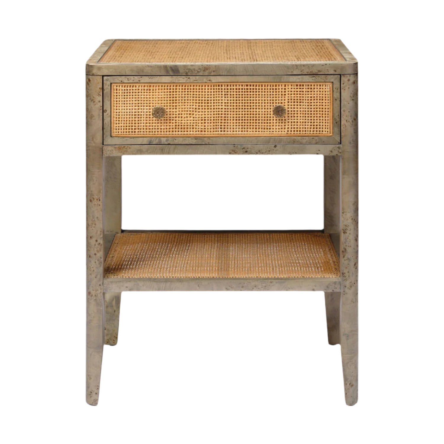 The Amara Nightstand Collection by Made Goods features a wooden frame, woven rattan drawer front, caned panels, and a lower shelf in natural and gray finishes.
