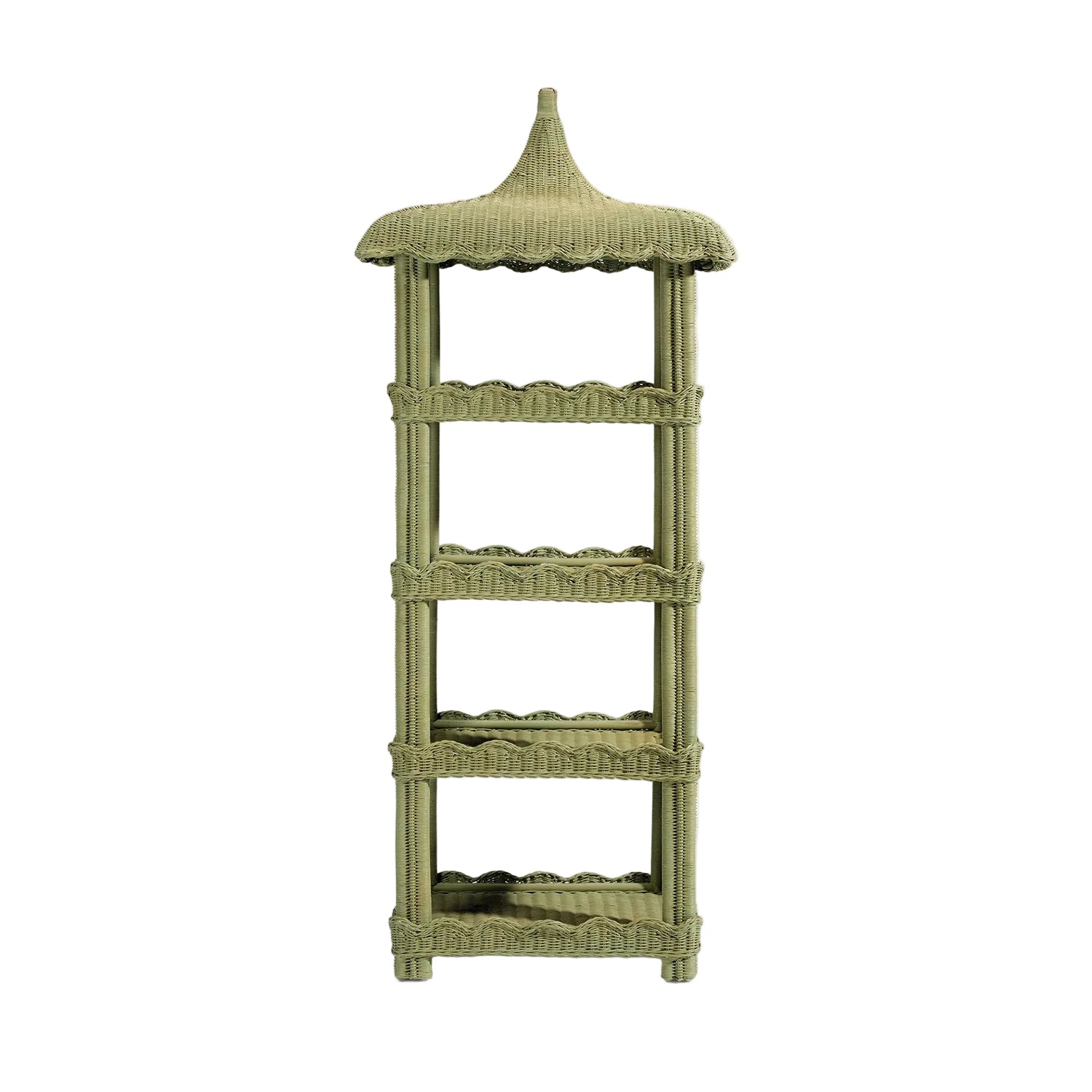 Introducing the Georgina Rattan Bookcase by Made Goods—a four-tiered green wicker bookcase featuring a pagoda-style pointed top and scalloped shelf edges, ideal for showcasing bath essentials or your favorite décor pieces.