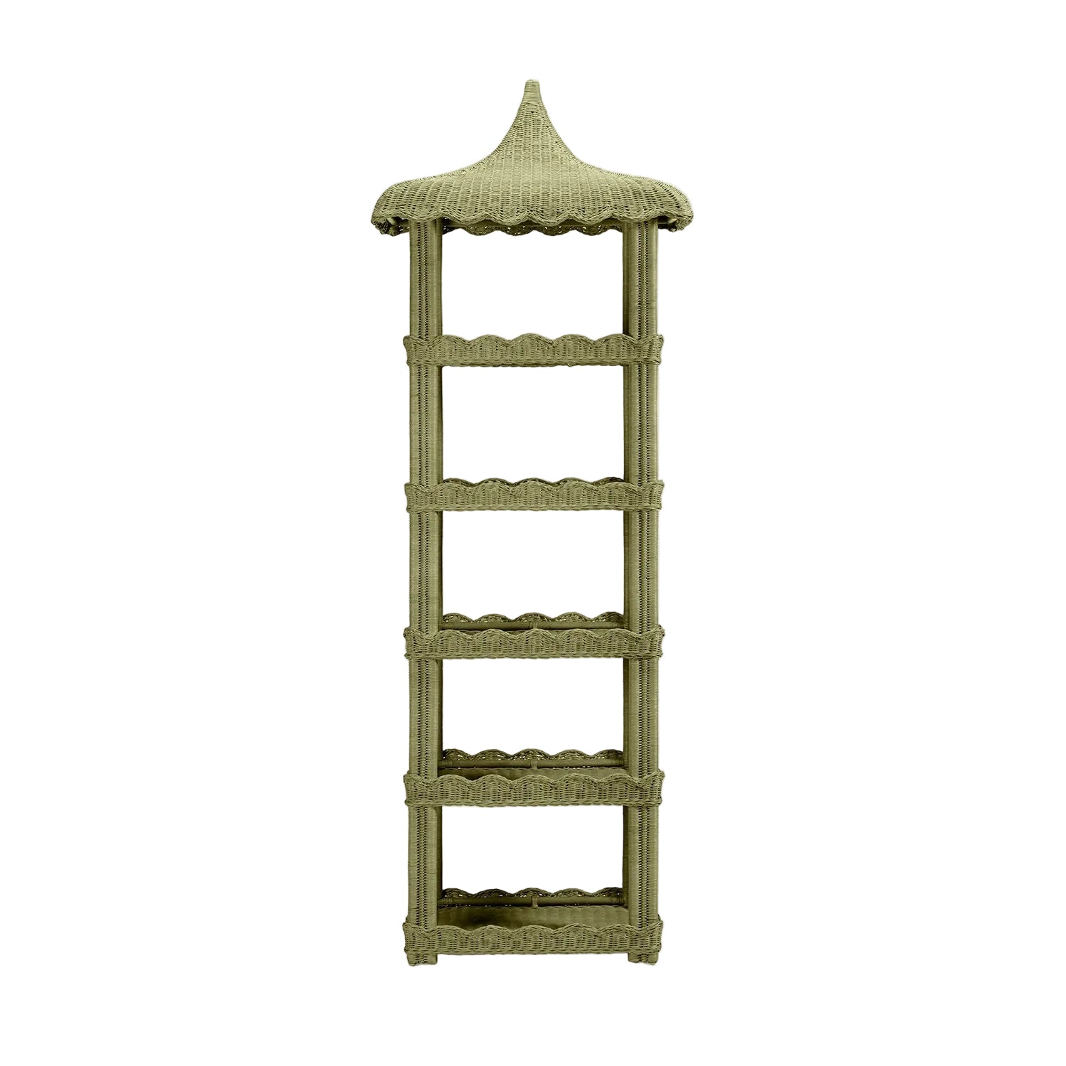 The Georgina Rattan Bookcase by Made Goods features a tall wicker design with a peaked, roof-like top and five shelves adorned with scalloped decorative edges, perfect for displaying books or bath essentials. Shown against a white background.