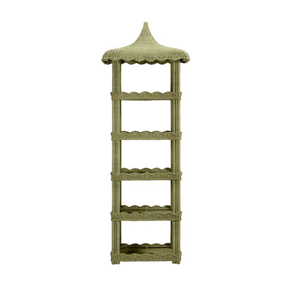 The Georgina Rattan Bookcase by Made Goods features a tall wicker design with a peaked, roof-like top and five shelves adorned with scalloped decorative edges, perfect for displaying books or bath essentials. Shown against a white background.