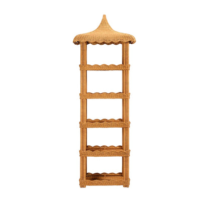 The Georgina Rattan Bookcase by Made Goods features a tall silhouette with a pagoda-style roof, five spacious tiers, and scalloped edges. Shown against a plain white background, this unique piece is perfect as an eye-catching bookcase or for elegantly displaying your bath essentials.
