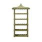 Made Goods Georgina Rattan Bookcase features a tall, pagoda-inspired silhouette with a crafted roof, five open shelves edged in scalloped detailing, and comes in a muted green finish.