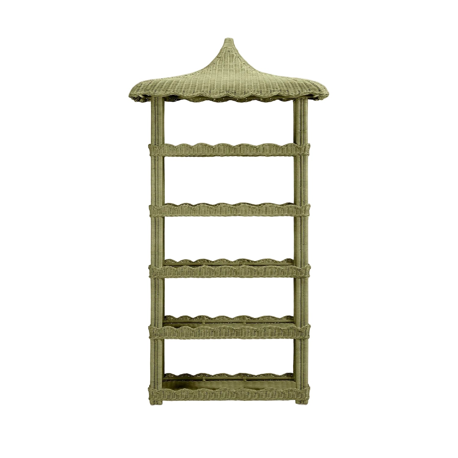 Made Goods Georgina Rattan Bookcase features a tall, pagoda-inspired silhouette with a crafted roof, five open shelves edged in scalloped detailing, and comes in a muted green finish.