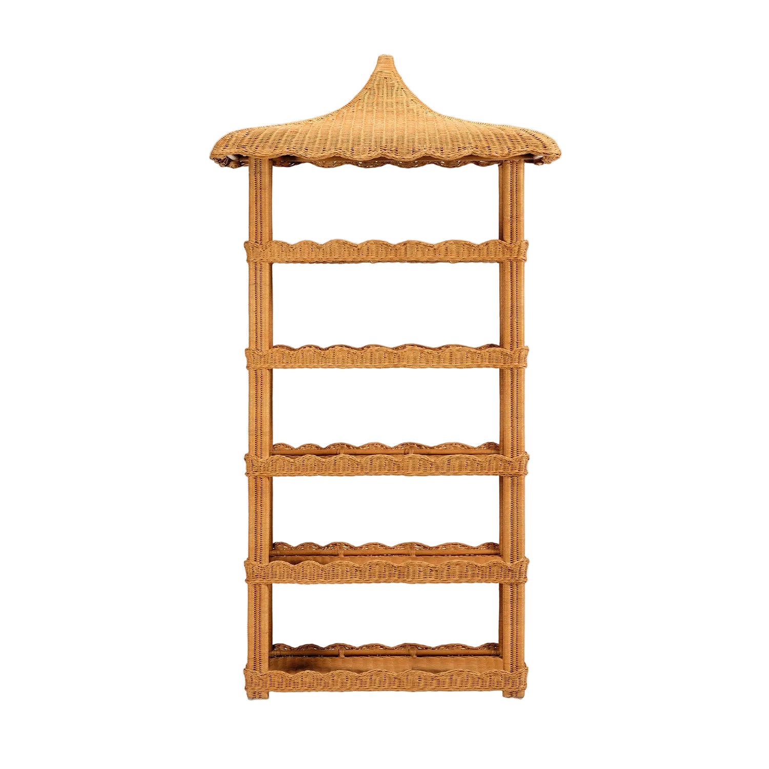 The Georgina Rattan Bookcase by Made Goods is a tall wicker shelving unit featuring five shelves, a woven pagoda-style roof with scalloped edges, and an elegant design, shown isolated on a white background.