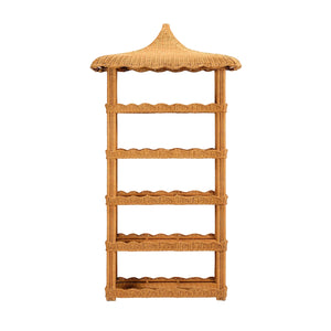 The Georgina Rattan Bookcase by Made Goods is a tall wicker shelving unit featuring five shelves, a woven pagoda-style roof with scalloped edges, and an elegant design, shown isolated on a white background.