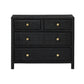 The Isla Dresser Collection by Made Goods features a black basket weave dresser with four soft-close drawers and six round gold knobs, shown against a white background.