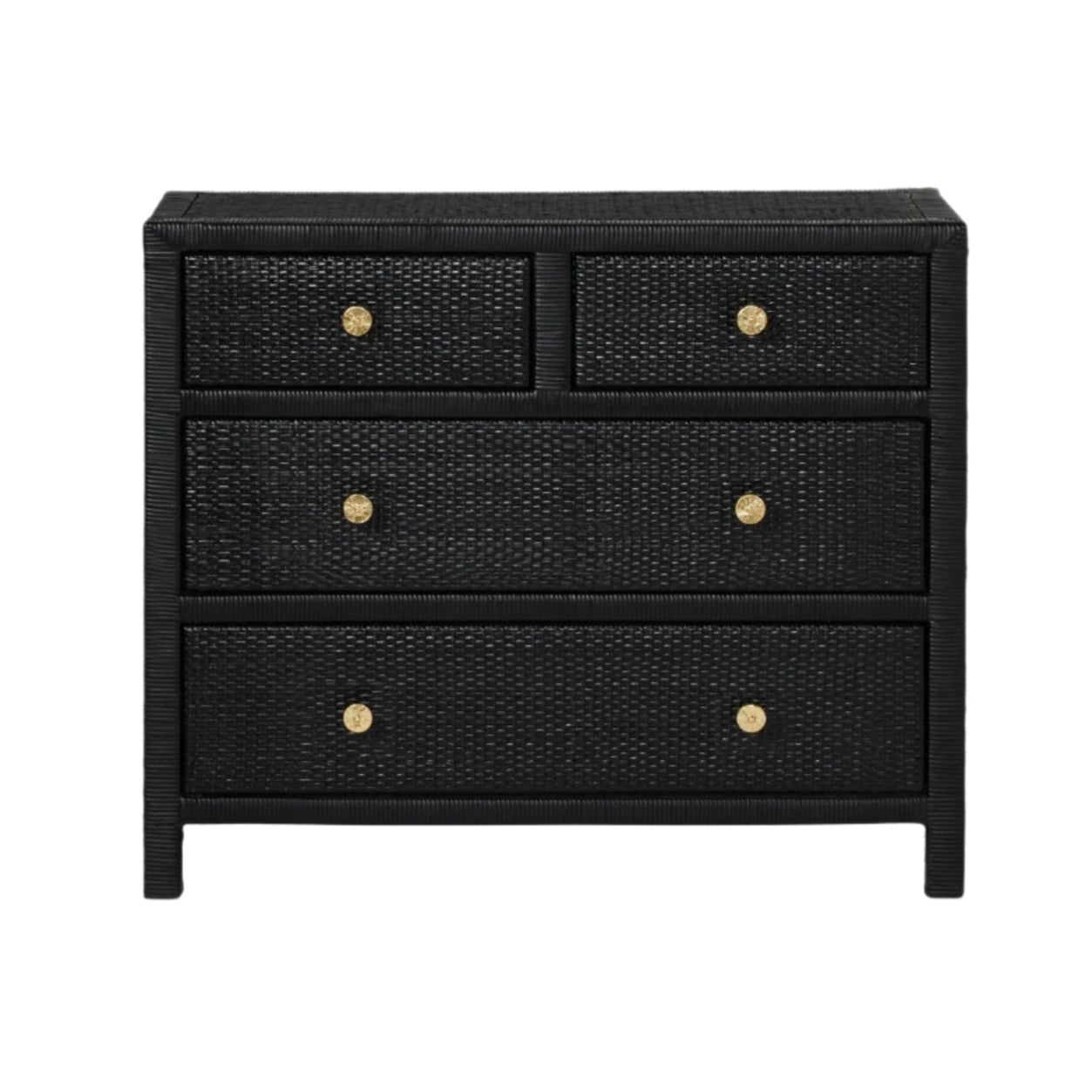 The Isla Dresser Collection by Made Goods features a black basket weave dresser with four soft-close drawers and six round gold knobs, shown against a white background.